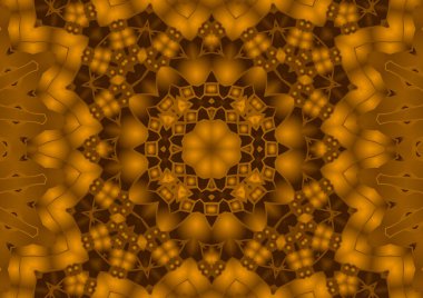 Dijital illüstrasyon, geometrik soyut renkli kaleydoskop simetrik desen ve gradyan etkisi. Klasik güzel dekoratif turuncu arka plan