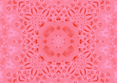 Dijital illüstrasyon, geometrik soyut renkli kaleydoskop simetrik desen ve gradyan etkisi. Klasik güzel dekoratif pembe arkaplan