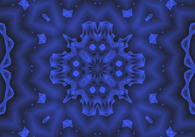 Dijital illüstrasyon, geometrik soyut renkli kaleydoskop simetrik desen ve gradyan etkisi. Klasik güzel dekoratif mavi arkaplan