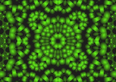 Dijital illüstrasyon, geometrik soyut renkli kaleydoskop simetrik desen ve gradyan etkisi. Klasik güzel dekoratif yeşil arkaplan