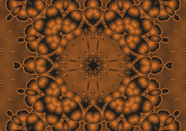 Dijital illüstrasyon, geometrik soyut renkli kaleydoskop simetrik desen ve gradyan etkisi. Klasik güzel dekoratif turuncu arka plan