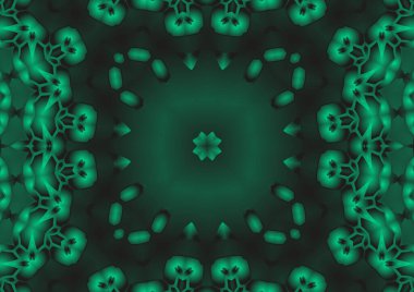 Dijital illüstrasyon, geometrik soyut renkli kaleydoskop simetrik desen ve gradyan etkisi. Klasik güzel dekoratif yeşil arkaplan