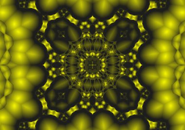 Dijital illüstrasyon, geometrik soyut renkli kaleydoskop simetrik desen ve gradyan etkisi. Klasik güzel dekoratif sarı arkaplan