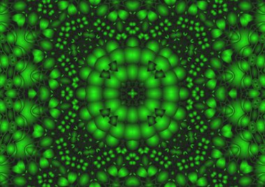 Dijital illüstrasyon, geometrik soyut renkli kaleydoskop simetrik desen ve gradyan etkisi. Klasik güzel dekoratif yeşil arkaplan