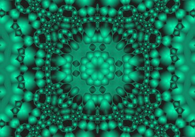 Dijital illüstrasyon, geometrik soyut renkli kaleydoskop simetrik desen ve gradyan etkisi. Klasik güzel dekoratif yeşil arkaplan
