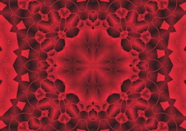 Dijital illüstrasyon, geometrik soyut renkli kaleydoskop simetrik desen ve gradyan etkisi. Klasik güzel dekoratif kırmızı arkaplan