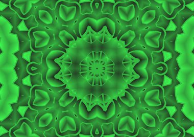 Dijital illüstrasyon, geometrik soyut renkli kaleydoskop simetrik desen ve gradyan etkisi. Klasik güzel dekoratif yeşil arkaplan
