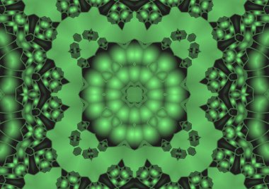 Dijital illüstrasyon, geometrik soyut renkli kaleydoskop simetrik desen ve gradyan etkisi. Klasik güzel dekoratif yeşil arkaplan