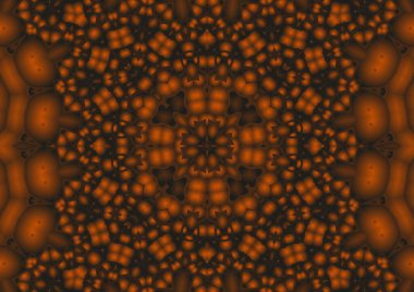 Dijital illüstrasyon, geometrik soyut renkli kaleydoskop simetrik desen ve gradyan etkisi. Klasik güzel dekoratif turuncu arka plan