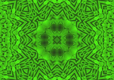 Dijital illüstrasyon, geometrik soyut renkli kaleydoskop simetrik desen ve gradyan etkisi. Klasik güzel dekoratif yeşil arkaplan