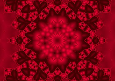 Dijital illüstrasyon, geometrik soyut renkli kaleydoskop simetrik desen ve gradyan etkisi. Klasik güzel dekoratif kırmızı arkaplan