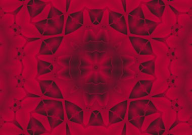 Dijital illüstrasyon, geometrik soyut renkli kaleydoskop simetrik desen ve gradyan etkisi. Klasik güzel dekoratif kırmızı arkaplan