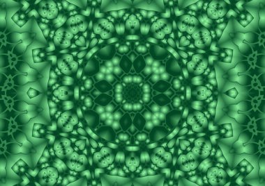 Dijital illüstrasyon, geometrik soyut renkli kaleydoskop simetrik desen ve gradyan etkisi. Klasik güzel dekoratif yeşil arkaplan