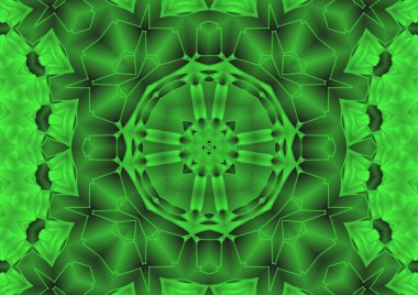 Dijital illüstrasyon, geometrik soyut renkli kaleydoskop simetrik desen ve gradyan etkisi. Klasik güzel dekoratif yeşil arkaplan