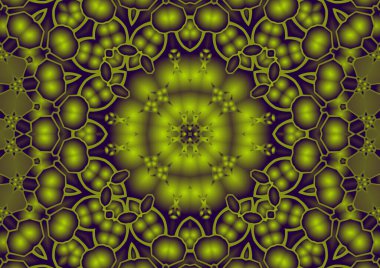 Dijital illüstrasyon, geometrik soyut renkli kaleydoskop simetrik desen ve gradyan etkisi. Klasik güzel dekoratif arkaplan