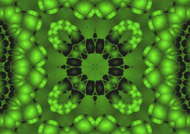 Dijital illüstrasyon, geometrik soyut renkli kaleydoskop simetrik desen ve gradyan etkisi. Klasik güzel dekoratif yeşil arkaplan