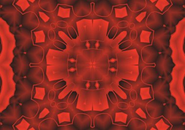 Dijital illüstrasyon, geometrik soyut renkli kaleydoskop simetrik desen ve gradyan etkisi. Klasik güzel dekoratif kırmızı arkaplan