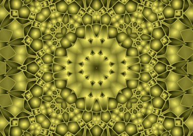 Dijital illüstrasyon, geometrik soyut renkli kaleydoskop simetrik desen ve gradyan etkisi. Klasik güzel dekoratif sarı arkaplan