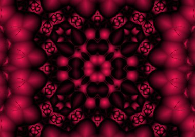 Dijital illüstrasyon, geometrik soyut renkli kaleydoskop simetrik desen ve gradyan etkisi. Klasik güzel dekoratif kırmızı arkaplan