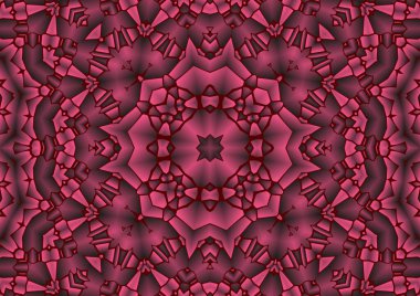 Dijital illüstrasyon, geometrik soyut renkli kaleydoskop simetrik desen ve gradyan etkisi. Klasik güzel dekoratif kırmızı arkaplan