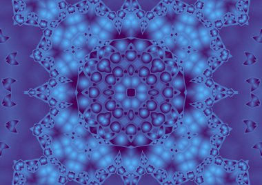 Dijital illüstrasyon, geometrik soyut renkli kaleydoskop simetrik desen ve gradyan etkisi. Klasik güzel dekoratif mavi arkaplan