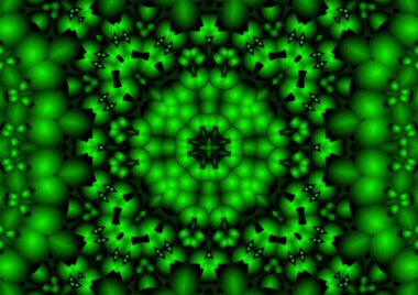 Dijital illüstrasyon, geometrik soyut renkli kaleydoskop simetrik desen ve gradyan etkisi. Klasik güzel dekoratif yeşil arkaplan