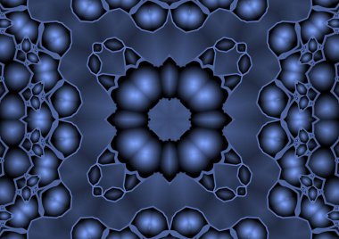 Dijital illüstrasyon, geometrik soyut renkli kaleydoskop simetrik desen ve gradyan etkisi. Klasik güzel dekoratif mavi arkaplan