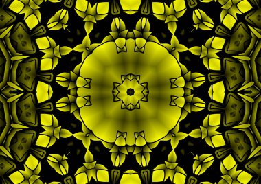 Dijital illüstrasyon, geometrik soyut renkli kaleydoskop simetrik desen ve gradyan etkisi. Klasik güzel dekoratif sarı arkaplan