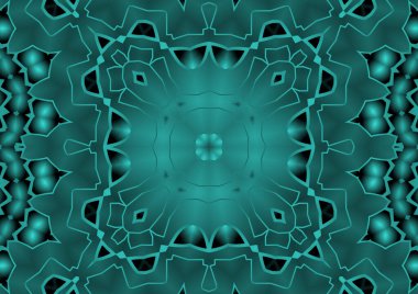 Dijital illüstrasyon, geometrik soyut renkli kaleydoskop simetrik desen ve gradyan etkisi. Klasik güzel dekoratif mavi arkaplan