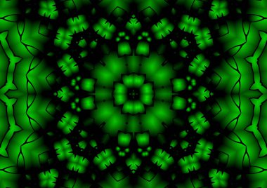 Dijital illüstrasyon, geometrik soyut renkli kaleydoskop simetrik desen ve gradyan etkisi. Klasik güzel dekoratif yeşil arkaplan