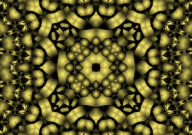 Dijital illüstrasyon, geometrik soyut renkli kaleydoskop simetrik desen ve gradyan etkisi. Klasik güzel dekoratif sarı arkaplan