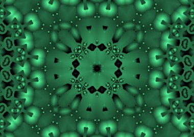Dijital illüstrasyon, geometrik soyut renkli kaleydoskop simetrik desen ve gradyan etkisi. Klasik güzel dekoratif yeşil arkaplan