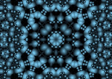 Dijital illüstrasyon, geometrik soyut renkli kaleydoskop simetrik desen ve gradyan etkisi. Klasik güzel dekoratif mavi arkaplan