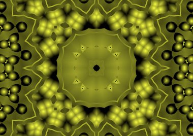 Dijital illüstrasyon, geometrik soyut renkli kaleydoskop simetrik desen ve gradyan etkisi. Klasik güzel dekoratif sarı arkaplan
