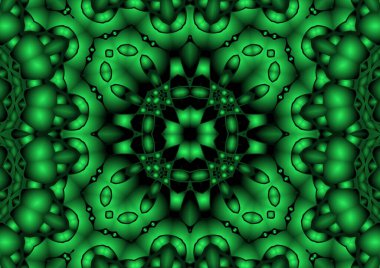 Dijital illüstrasyon, geometrik soyut renkli kaleydoskop simetrik desen ve gradyan etkisi. Klasik güzel dekoratif yeşil arkaplan