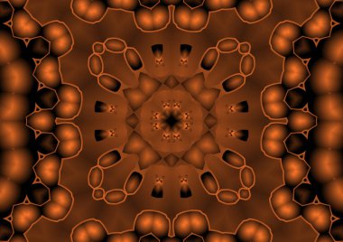 Dijital illüstrasyon, geometrik soyut renkli kaleydoskop simetrik desen ve gradyan etkisi. Klasik güzel dekoratif turuncu arka plan
