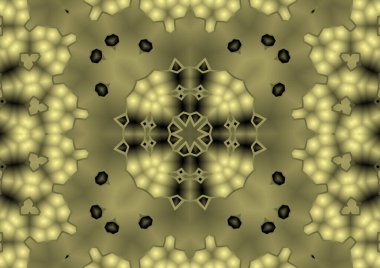 Dijital illüstrasyon, geometrik soyut renkli kaleydoskop simetrik desen ve gradyan etkisi. Klasik güzel dekoratif sarı arkaplan
