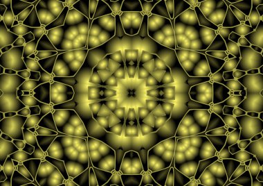 Dijital illüstrasyon, geometrik soyut renkli kaleydoskop simetrik desen ve gradyan etkisi. Klasik güzel dekoratif sarı arkaplan