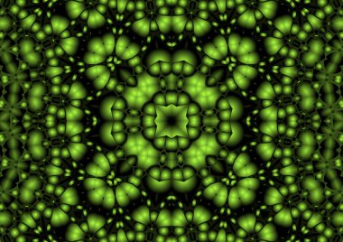 Dijital illüstrasyon, geometrik soyut renkli kaleydoskop simetrik desen ve gradyan etkisi. Klasik güzel dekoratif yeşil arkaplan