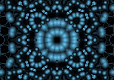 Dijital illüstrasyon, geometrik soyut renkli kaleydoskop simetrik desen ve gradyan etkisi. Klasik güzel dekoratif mavi arkaplan