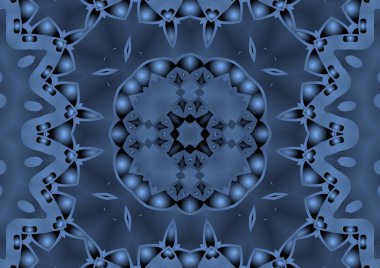 Dijital illüstrasyon, geometrik soyut renkli kaleydoskop simetrik desen ve gradyan etkisi. Klasik güzel dekoratif mavi arkaplan