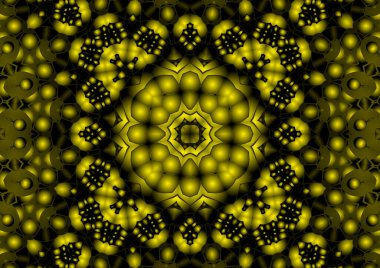 Dijital illüstrasyon, geometrik soyut renkli kaleydoskop simetrik desen ve gradyan etkisi. Klasik güzel dekoratif sarı arkaplan