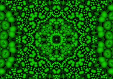 Dijital illüstrasyon, geometrik soyut renkli kaleydoskop simetrik desen ve gradyan etkisi. Klasik güzel dekoratif yeşil arkaplan