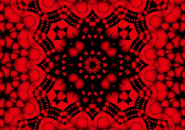 Dijital illüstrasyon, geometrik soyut renkli kaleydoskop simetrik desen ve gradyan etkisi. Klasik güzel dekoratif kırmızı arkaplan