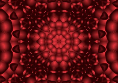 Dijital illüstrasyon, geometrik soyut renkli kaleydoskop simetrik desen ve gradyan etkisi. Klasik güzel dekoratif kırmızı arkaplan