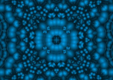 Dijital illüstrasyon, geometrik soyut renkli kaleydoskop simetrik desen ve gradyan etkisi. Klasik güzel dekoratif mavi arkaplan