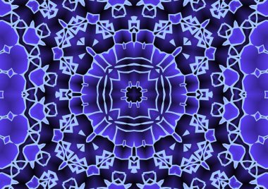 Dijital illüstrasyon, geometrik soyut renkli kaleydoskop simetrik desen ve gradyan etkisi. Klasik güzel dekoratif arkaplan