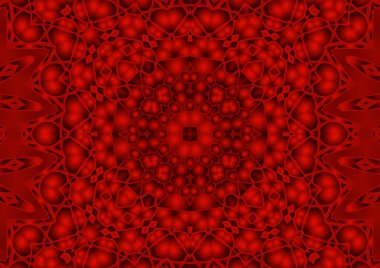 Dijital illüstrasyon, geometrik soyut renkli kaleydoskop simetrik desen ve gradyan etkisi. Klasik güzel dekoratif kırmızı arkaplan