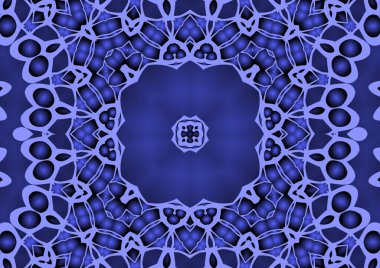 Dijital illüstrasyon, geometrik soyut renkli kaleydoskop simetrik desen ve gradyan etkisi. Klasik güzel dekoratif mavi arkaplan