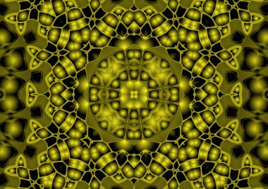 Dijital illüstrasyon, geometrik soyut renkli kaleydoskop simetrik desen ve gradyan etkisi. Klasik güzel dekoratif sarı arkaplan